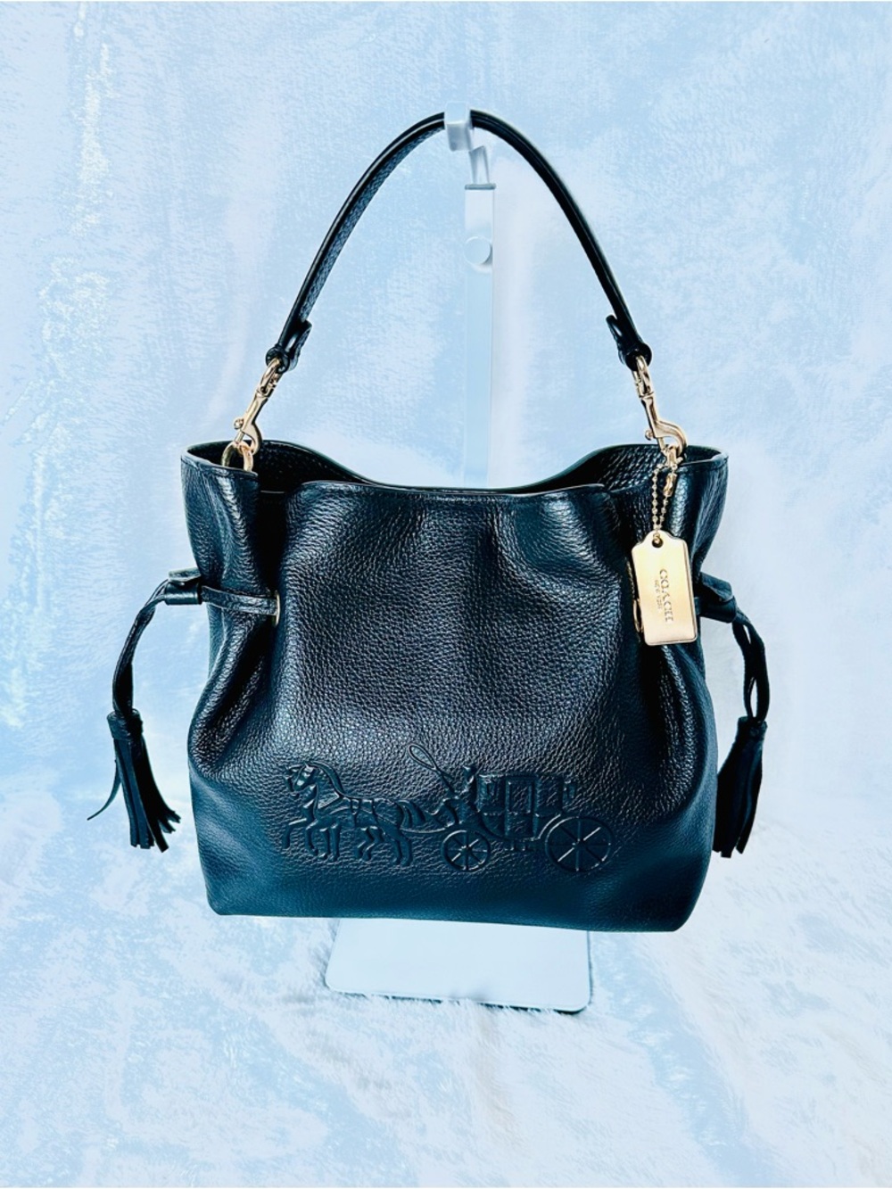 Coach Black Pebbled Leather Shoulder Bag with Embossed Coach Carriage
